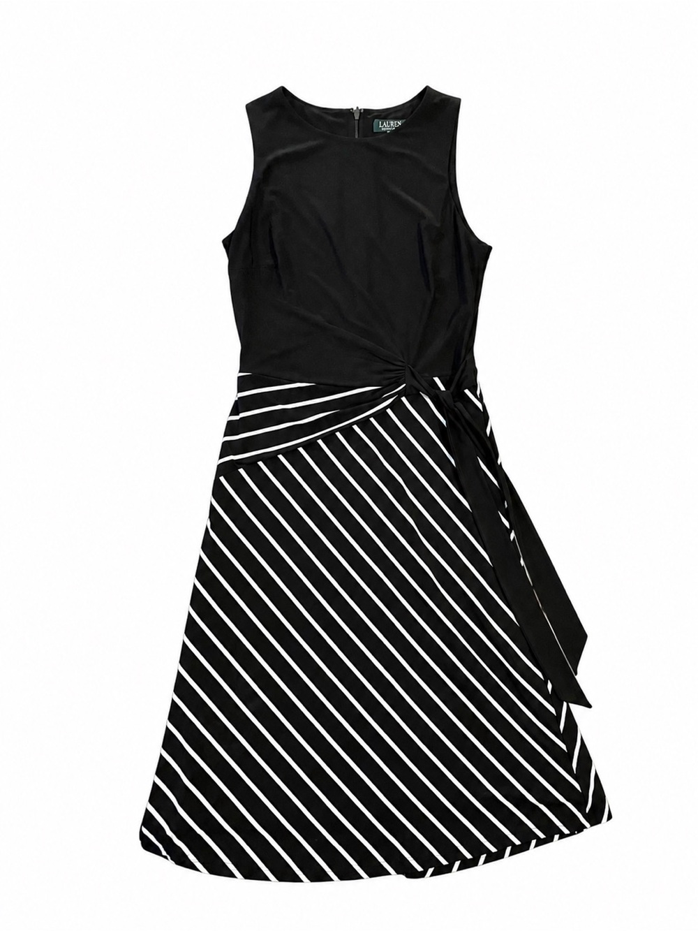 Lauren Ralph Lauren Black White Striped Midi Dress Side Tie Accent Size 8 - Picture 3 of 8